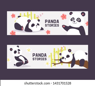 Panda vector bearcat chinese bear with bamboo playing or sleeping illustration backdrop set of giant panda eating watermelon background flowery banner.