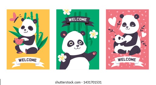 Panda vector bearcat chinese bear with bamboo playing or sleeping illustration backdrop set of giant panda eating watermelon background flowery banner.