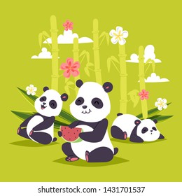 Panda vector bearcat chinese bear with bamboo playing or sleeping illustration backdrop of giant panda eating watermelon background flowery wallpaper.