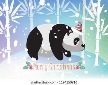 Panda vector design, wearing a Christmas hat and greeting message in the winter atmosphere.