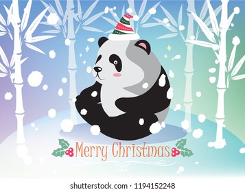 Panda vector design, wearing a Christmas hat and greeting message in the winter atmosphere.