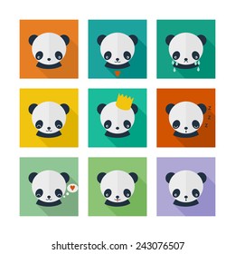 Panda vector icons set in flat design. Animal avatars with different emotions