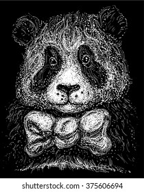 Panda. Vector illustration of panda in black and white graphic style - pointillism on black.