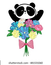 panda vector illustration, flowers bouquet vector