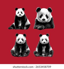 Panda, vetor panda, ilustração panda, desenho de linha em fundo vermelho.