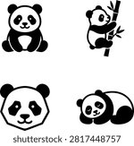 Panda vector logo icon set. Black silhouette giant panda bear, bamboo climbing, geometric head, and sleeping panda collection for branding.