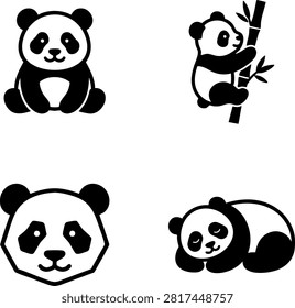 Panda vector logo icon set. Black silhouette giant panda bear, bamboo climbing, geometric head, and sleeping panda collection for branding.