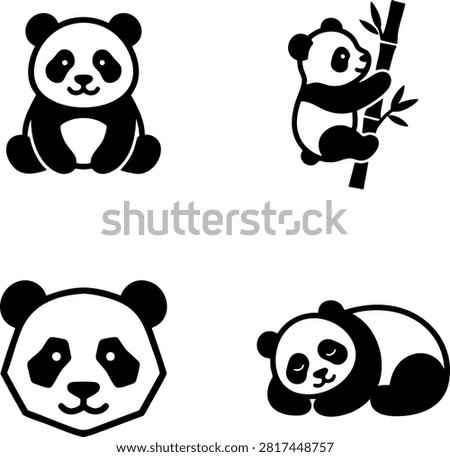 Panda vector logo icon set. Black silhouette giant panda bear, bamboo climbing, geometric head, and sleeping panda collection for branding.