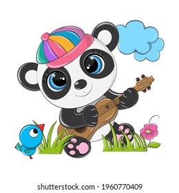 Panda vector is made on a white background, perfect for png for prints on children's clothes. A funny panda bear in a cartoon style with a guitar in raps sits on the green grass.