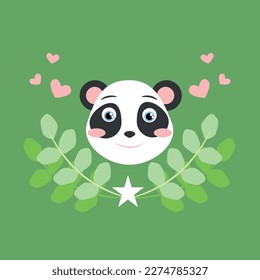 panda vector on green background, composition with panda postcard