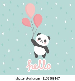 Panda vector print, baby shower card. hello panda with balloon cartoon illustration,  greeting card, kids cards for birthday poster or banner, cartoon invitation