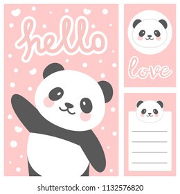 Panda vector print, baby shower card. hello panda with balloon cartoon illustration, greeting card, kids cards for birthday poster or banner, note stickers