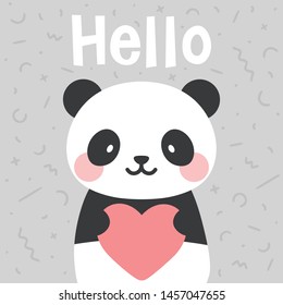 Panda vector print, baby shower card. hello panda cartoon illustration,  greeting card, kids cards for birthday poster or banner, doodle invitation