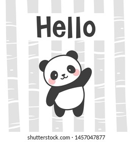 Panda vector print, baby shower card. hello panda cartoon illustration,  greeting card, kids cards for birthday poster or banner, doodle invitation