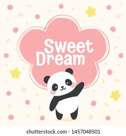 Panda vector print, baby shower card. sweet dream panda cartoon illustration,  greeting card, kids cards for birthday poster or banner, doodle invitation