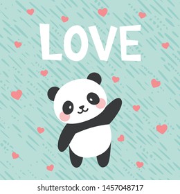 Panda vector print, baby shower card. love panda cartoon illustration,  greeting card, kids cards for birthday poster or banner, doodle invitation