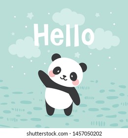 Panda vector print, baby shower card. hello panda cartoon illustration,  greeting card, kids cards for birthday poster or banner, doodle invitation