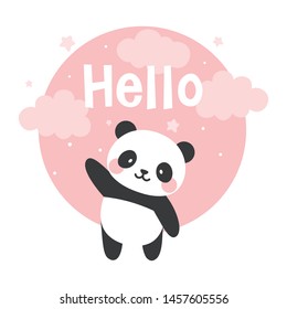 Panda vector print, baby shower card. hello panda cartoon illustration,  greeting card, kids cards for birthday poster or banner, doodle invitation