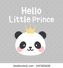 Panda vector print, baby shower card. hello little prince panda cartoon illustration,  greeting card, kids cards for birthday poster or banner, doodle invitation