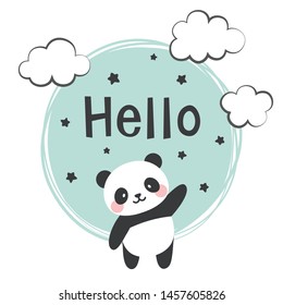 Panda vector print, baby shower card. hello panda cartoon illustration,  greeting card, kids cards for birthday poster or banner, doodle invitation