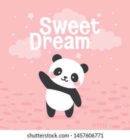 Panda vector print, baby shower card. sweet dream panda cartoon illustration,  greeting card, kids cards for birthday poster or banner, doodle invitation