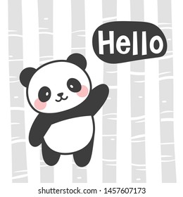 Panda vector print, baby shower card. hello panda cartoon illustration,  greeting card, kids cards for birthday poster or banner, doodle invitation