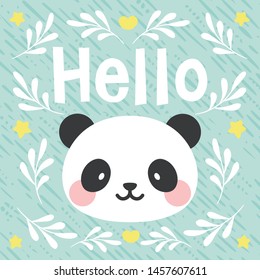 Panda vector print, baby shower card. hello panda cartoon illustration,  greeting card, kids cards for birthday poster or banner, doodle invitation