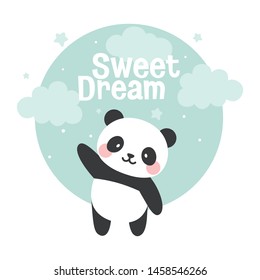 Panda vector print, baby shower card. sweet dream panda cartoon illustration,  greeting card, kids cards for birthday poster or banner, doodle invitation