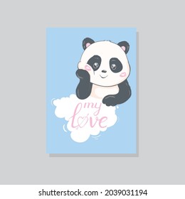 Panda vector print, baby shower card. panda cartoon illustration, greeting card, kids cards for birthday poster or banner, doodle invitation