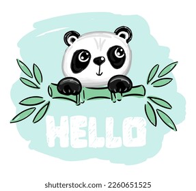 Panda vector print, baby shower card. Hello panda cartoon illustration, greeting card, kids cards for birthday poster or banner, doodle invitation