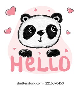 Panda vector print. Chinese panda bear with lettering word Hello. Cute vector animal illustration for cards, web, prints, t shirts