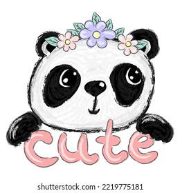 Panda-Vektorgrafik. Chinesisches Panda-Bärenmädchen mit dem Buchstaben Cute. Vektorgrafik für Karten, Web, Drucke, T-Shirts