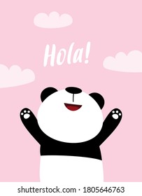 panda vector print, cute card with cartoon panda and lettering hola vector illustration, greeting card, kids cards for birthday poster or banner, cartoon invitation, simple print for any design