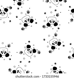 Panda vector seamless pattern background. Beautiful continuous illustration, track. Hand drawn art modern