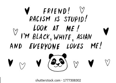 Panda contra el racismo - doodle de letras vectoriales escrito a mano sobre el tema de la lucha contra el racismo, protestando contra la desigualdad racial y el diseño revolucionario. Para volantes, pegatinas, carteles, camisetas