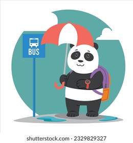 Panda Waiting in the Bus Stop Cartoon Illustration