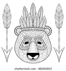 Panda with war bonnet, arrows in zentangle style. Freehand sketch for adult coloring page with doodle elements. Ornamental artistic vector illustration for tattoo, t-shirt print. Animal collection.