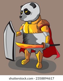 Panda warrior holding armor and sword