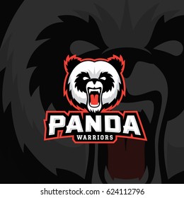 Panda Warriors Abstract Vector Sign, Emblem or Logo Template. Sport Team Mascot Label. Angry Bear Face with Typography. On Dark Background.