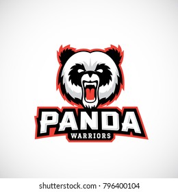 Panda Warriors Abstract Vector Sign, Emblem or Logo Template. Sport Team Mascot Label. Angry Bear Face with Typography. Isolated.