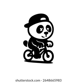 A panda wearing a baseball cap rides a bicycle