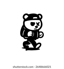 A panda wearing a baseball cap, with a single eye crossed out, walks while carrying a backpack