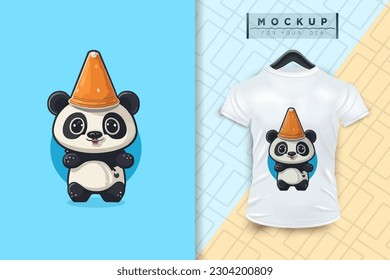 Un panda con un diseño de caricaturas planas de sombrero de cono, un concepto de icono de naturaleza animal de mascota vectorial, y una ilustración premium aislada para un logo, pegatina, camiseta, imprimible, página de color, etc.