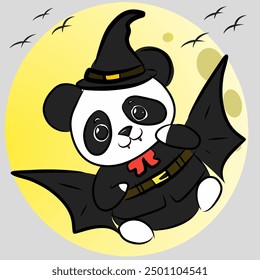 panda wearing fangs and wizard hat flying with wings on full moon background. Vector illustration of cartoon Dracula panda. 