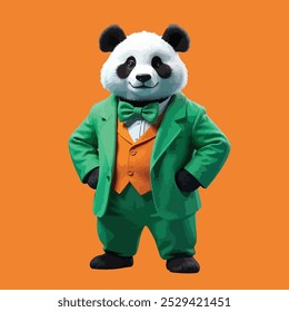 Un panda con un traje verde, camisa naranja y pajarita verde sobre un fondo naranja