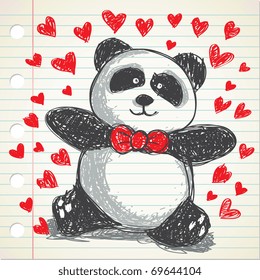 panda wearing red tie doodle, fully editable