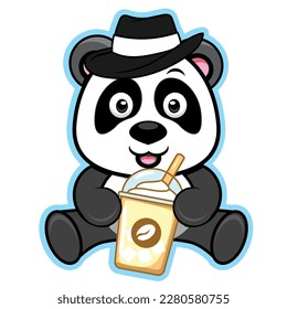 Panda wearing round hat and hold ice cup vector logo illustrator isolated white background