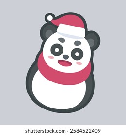 panda wearing santa hat with outline flat vector design.