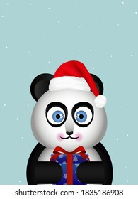 Panda usando sombrero santa en invierno, ilustración de arte vectorial.