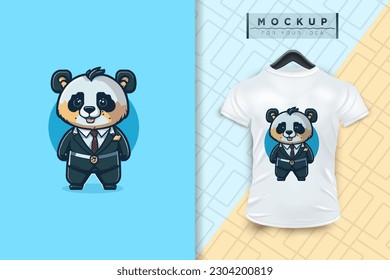 A Panda  wearing a uniform like an office worker and a businessman in flat cartoon character design, vector mascot animal nature icon concept isolated premium illustration for logo, sticker, t-shirt.